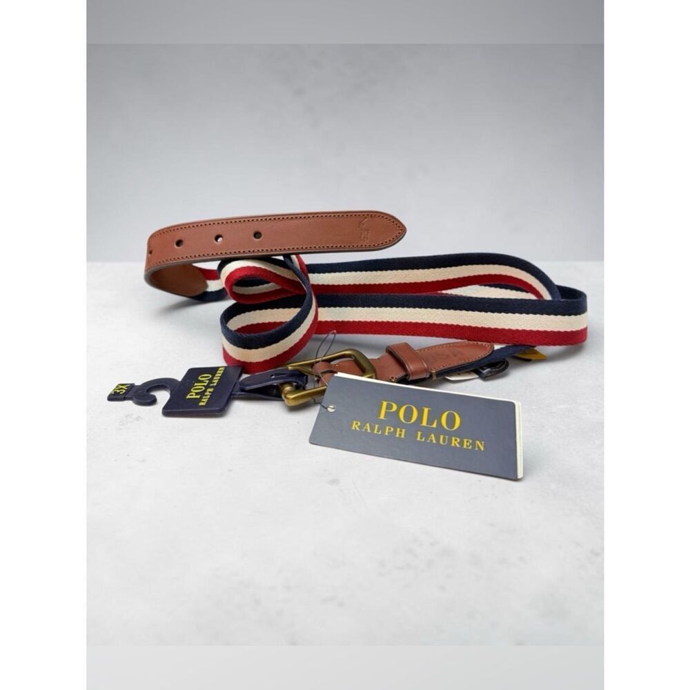 Polo Ralph Lauren Men’s 3X Canvas Stripe Belt Leather Golf Classic Preppy